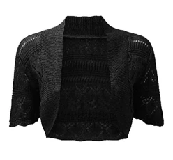 NEW WOMEN LADIES BOLERO SHORTSLEEVE KNITTED CROCHET CARDIGAN SHRUG TOP SIZE 8-14 (S/M 8-10, Black)