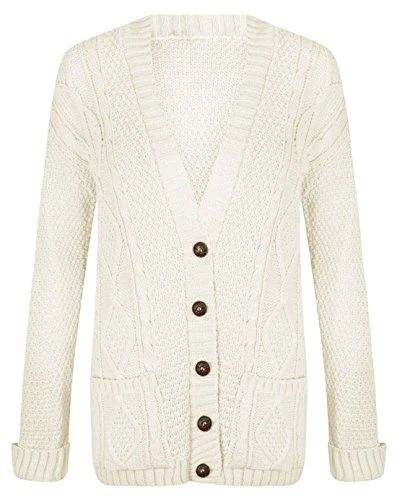New Womens Everyday Long Sleeve Button Top Ladies Chunky Aran Cable Knit Grandad Cardigan (16-18 XL, Cream)