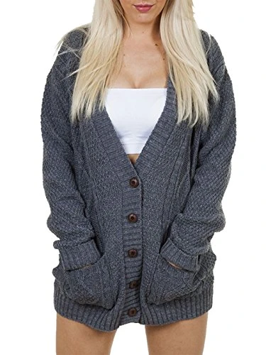 New Womens Everyday Long Sleeve Button Top Ladies Chunky Aran Cable Knit Grandad Cardigan (20 , Dark Grey)