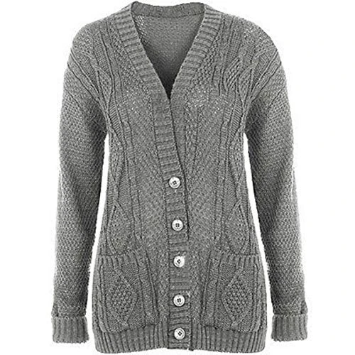 New Womens Everyday Long Sleeve Button Top Ladies Chunky Aran Cable Knit Grandad Cardigan Light Grey Size 16
