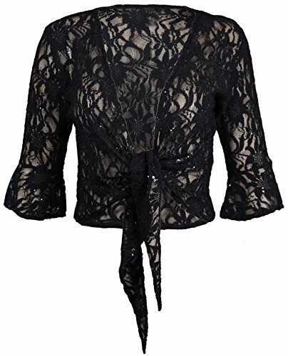New Womens Floral Lace 3/4 Three Quarter Short Sleeve Ladies Front Tie Up Sequin Shrug Bolero Stretch Cropped Top Cardigan Plus Size (12-14, Black)