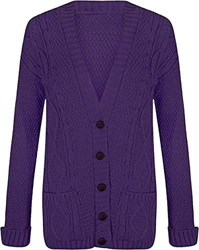 New Women’s Ladies Long Sleeve Button, Front Pocket Chunky Aran Cable Knit Grandad Cardigan, Sweater Plus Size 8-26 (UK, Numeric, 20, 22, Regular, Regular, Purple)