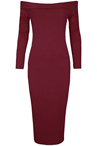 New Womens Ladies Plain Off The Shoulder Bardot Long Sleeve Midi Dress Plus Size Wine