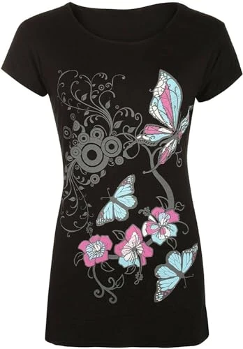 New Womens Plus Size Butterfly Print Short Sleeve T - Black - 16-18