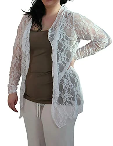 New Womens Plus Size Floral Pattern Lace Cardigan Long Sleeve Womens Waterfall Open Top White Size 2