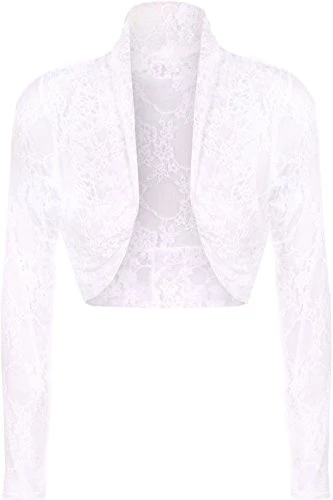 New Womens Plus Size Long Sleeve Cropped Lace Bolero Shrug White