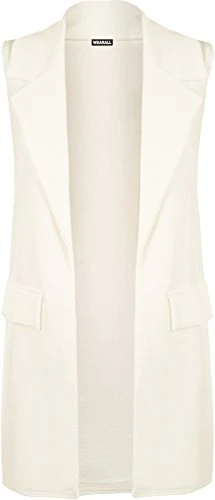New Womens Sleeveless Crepe Open Long Waistcoat Pocket Top Ladies Jacket 8 - Cream - 12