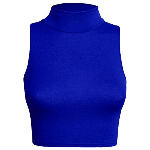 New Womens Sleeveless Plain Polo High Neck Crop Top T-Shirt Turtle Vest 8-14, 8-10, Royal Blue
