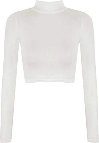 New Womens Turtle Neck Crop Ladies Long Sleeve Plain Polo Short Stretch Top - Cream - 8/10