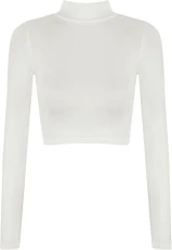 New Womens Turtle Neck Crop Ladies Long Sleeve Plain Polo Short Stretch Top - Cream - 8/10