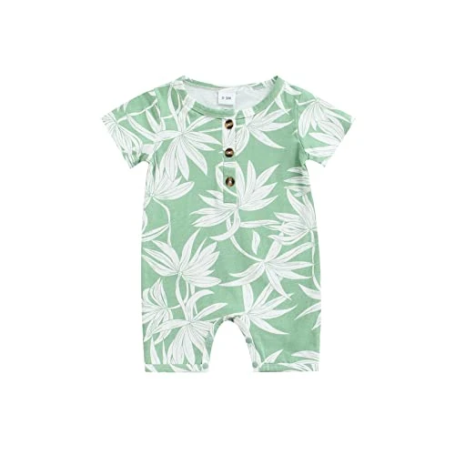 Newborn Baby Boy Girl Romper Summer Short Sleeve Button Front Bodysuit Printed Jumpsuit Shorts One Piece Outfit (Green, 3-6 Months)