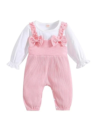 Newborn Baby Girl Clothes Ruffle Long Sleeve Romper Bodysuit Cotton Ribbed Bowknot Jumpsuit Onesie O