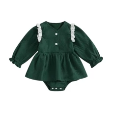 Newborn Baby Girl Cute Solid Color Lantern Sleeves Elastic Outfit Clothes Pullover Romper Dress 2PCS Set (Green, 0-3 Months)