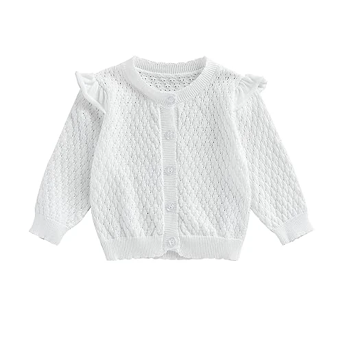 Newborn Baby Girls Knitted Cardigan Sweater Open Front Button Up Jumper Crew Neck Ruffled Long Sleeve Knitwear Summer Outerwear Clothes (White, 1-2 Years)