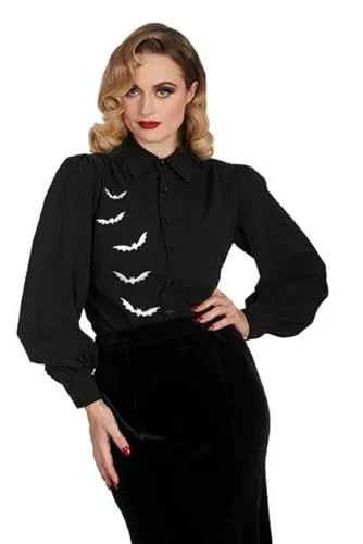 Night Bat Blouse Embroidery Semi Fitted Gothic Long Sleeve Rockabilly, Black, 2XL