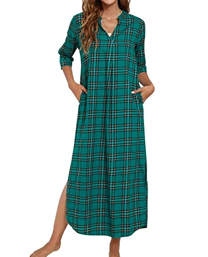 Night Dresses for Women Cotton Short Sleeve Long Nightie Nightgown Loose Fit Green Black Medium