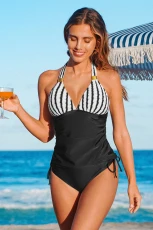 Night Lines Striped Halterneck Tankini Set - Green