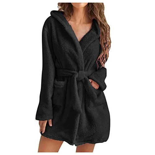 Night Shirt Women Hooded Fleece Bathrobe Lightweight Soft Plush Flannel Sleepwear Fleece Hooded Bathrobes Plush Short Soft Robes Cotton Gowns Sleepwear for Women Plus Size Black