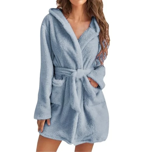 Nightgown Knee Length Women's Solid Colour Long Sleeve Pocket Hooded Knee Short Plush Pajamas Robe Homewear Bathrobe 4x Women Sleepwear (Blue, XXL)