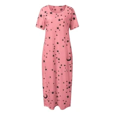 Nighties for Women,Cotton Nightdress Sleep Tee Short Sleeves Print Nightshirt Soft Sleepwear Loungewear Women's Nightdress Ruffle Hem Nightshirts V Neck Long Sleep Dress Nightgown Sleepwear Pink