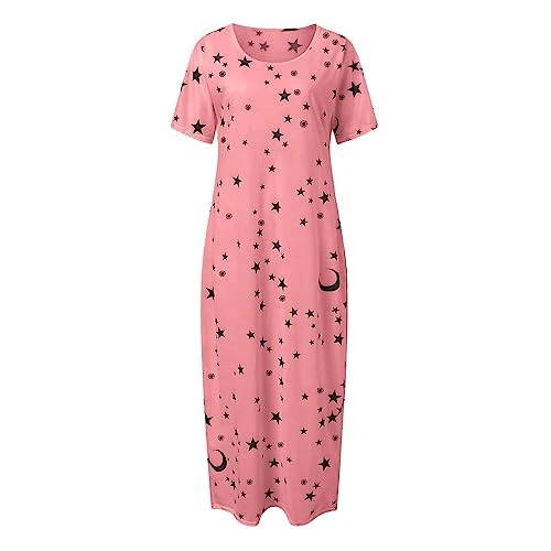 Nighties for Women,Cotton Nightdress Sleep Tee Short Sleeves Print Nightshirt Soft Sleepwear Loungewear Women's Nightdress Ruffle Hem Nightshirts V Neck Long Sleep Dress Nightgown Sleepwear Pink