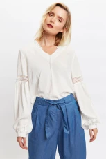 Niki V Neck Long Sleeve Blouse With Lace Trim - White