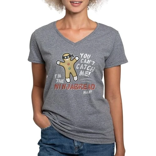 Ninjabread Man Women's V Neck Dark T Shirt Womens Cotton V-Neck T-Shirt Gray