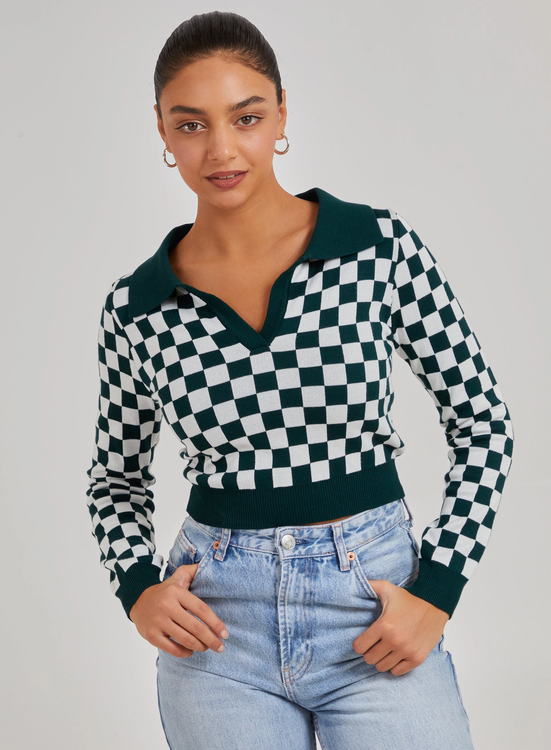 Notch Collar Checkered Top  - S  - Bottle Green