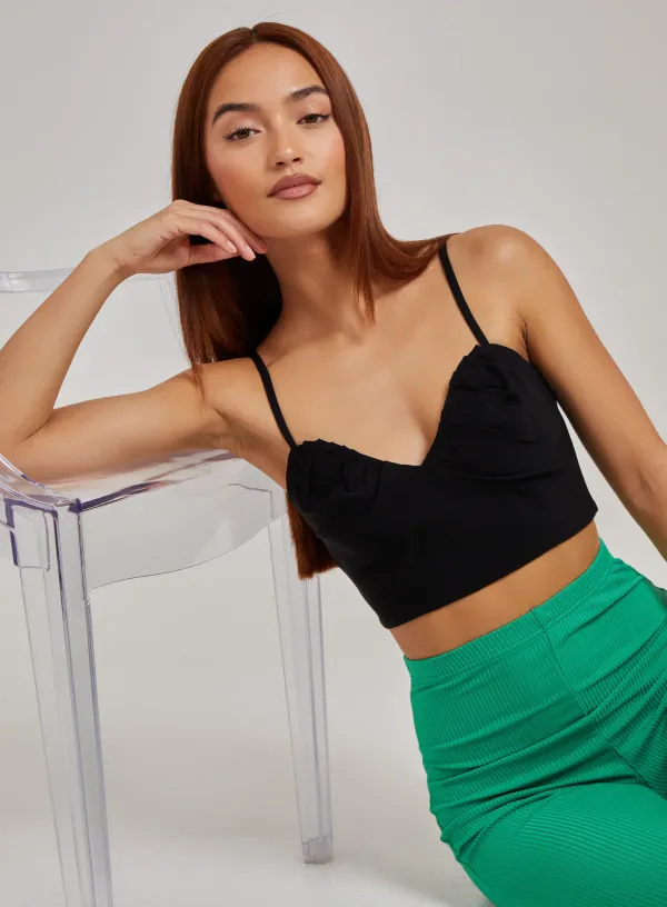 Notch Front Bengaline Crop Top - - Black