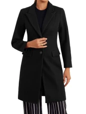 Notch Lapel Coat for Women's Pockets Buttons Elegant Long Sleeve Winter Coats Black L