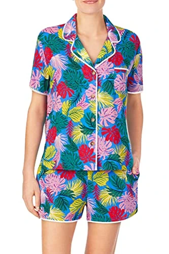 Notched Collar Front Patch Pocket Short Sleeve Pajama Shirt, Palm Leaves, XL