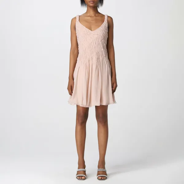 Nude Pleated Silk Mini Dress - Pink