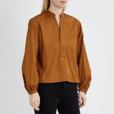 Ochre V-Neck Cotton Blouse - Brown