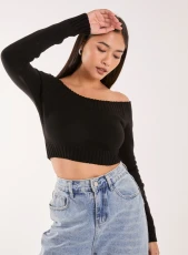 Off Shoulder Crop Knit Top BLACK