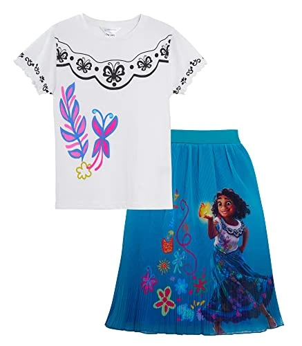 Official Encanto Dress for Girls Long Chiffon Encanto Skirt + T-Shirt Set 2 Piece Outfit Mirabel Dress Up Costume Age 4-5 Years White/Blue
