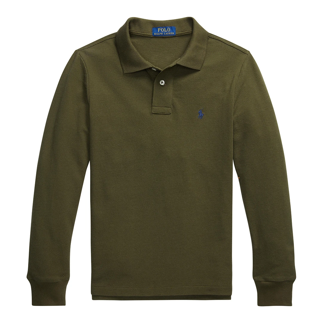 Older Boy&prime; Dark Khaki Slim Fit Long Sleeve Cotton Polo Shirt - Green