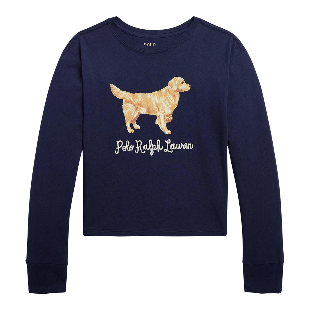 Older Girl&prime; Navy Animal Logo Long leeve Cotton T hirt