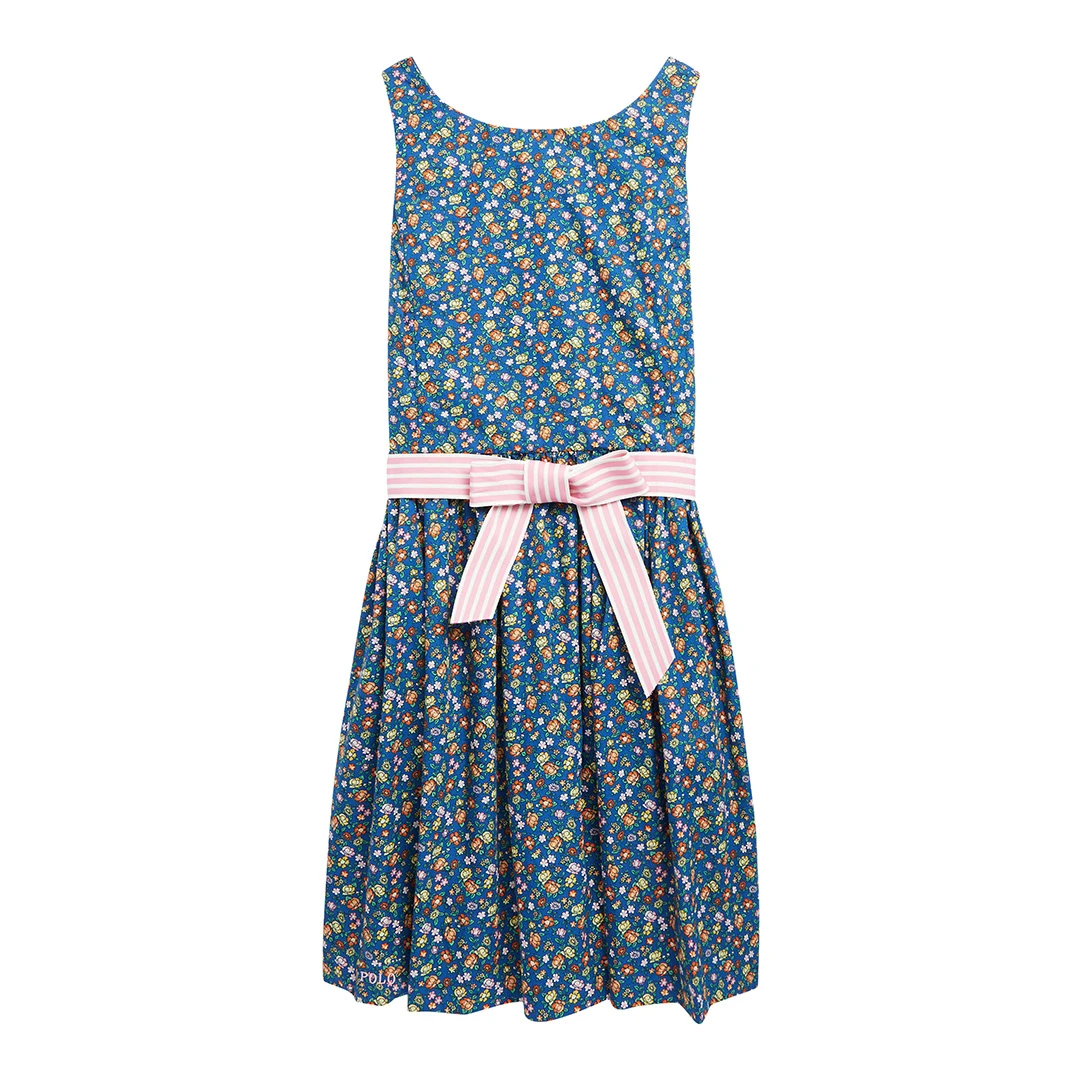 Older Girls Blue Floral Print Poplin Cotton Dress ulti