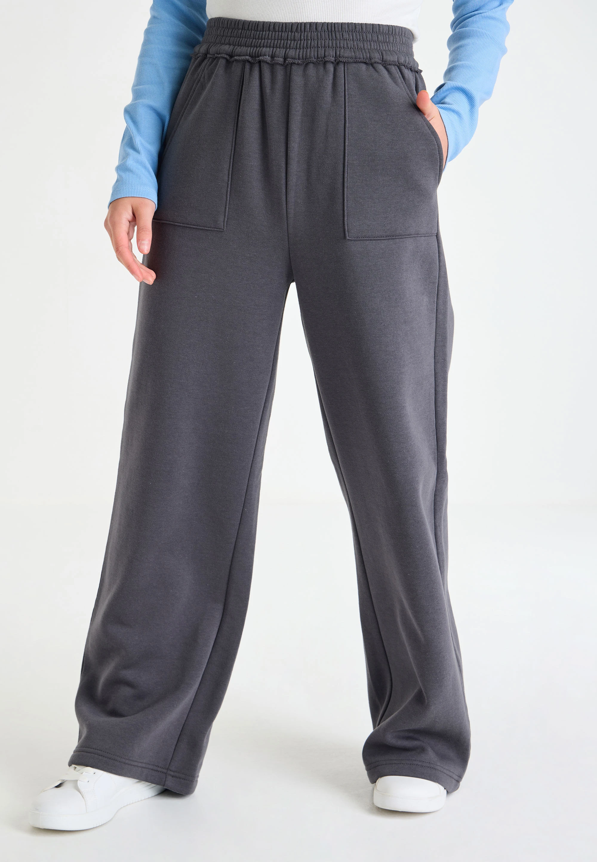 Older Girls Charcoal Plain Raw Edge Bootcut Joggers