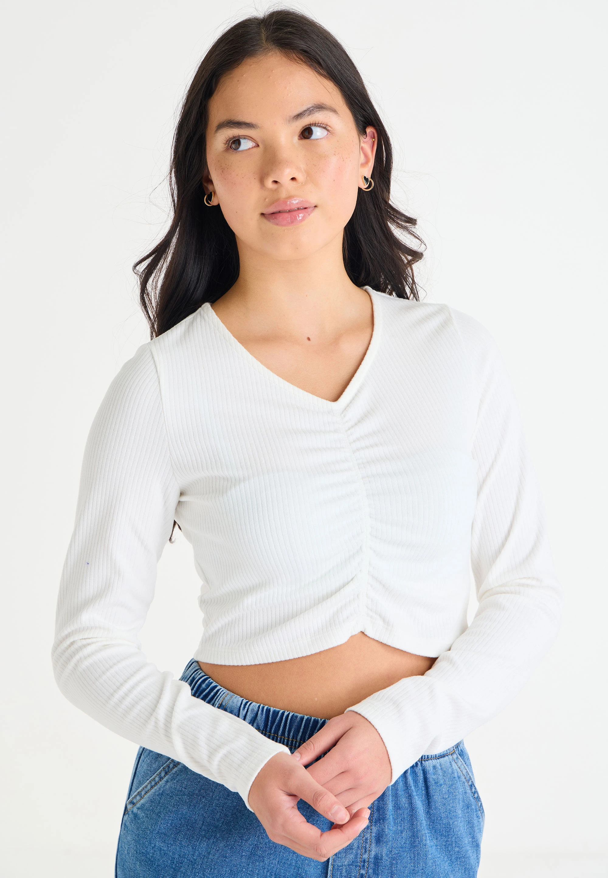 Older Girls Cream Ruched V-Neck Top