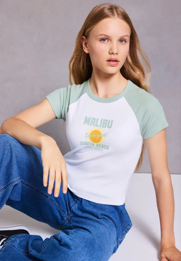 Older Girls Green & White Malibu Print Raglan T-shirt