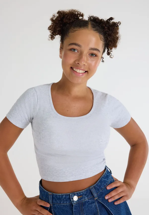 Older Girls Grey Marl Rib Crop T-shirt