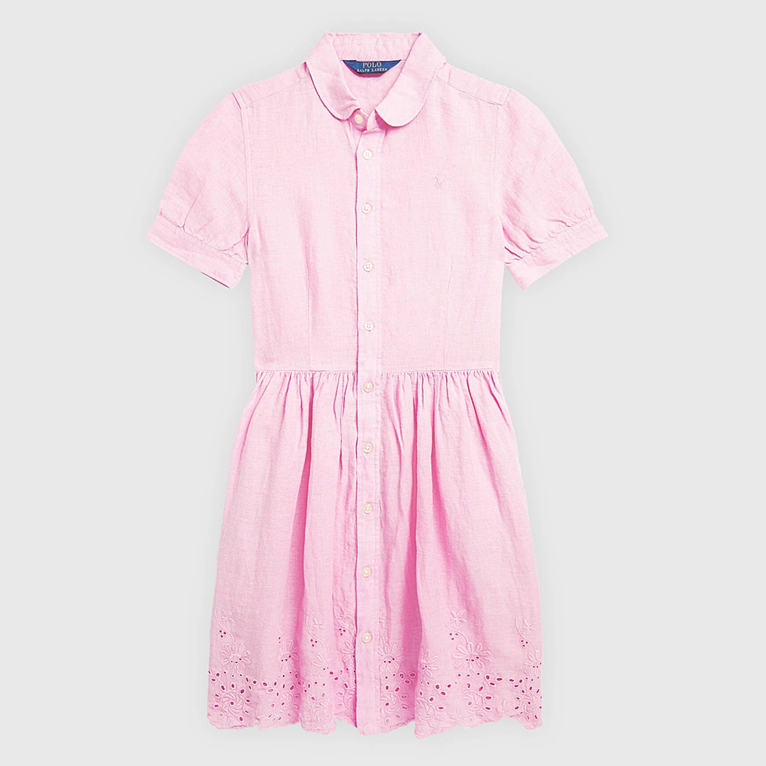 Older Girls Pink Broderie Linen Shirt Dress