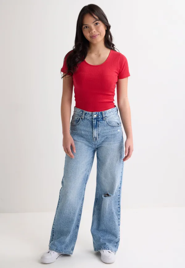 Older Girls Red Ribbed Scoop Neck Top