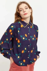 Olena Clarice Floral Print Ric Rac Trimmed Blouse - Navy