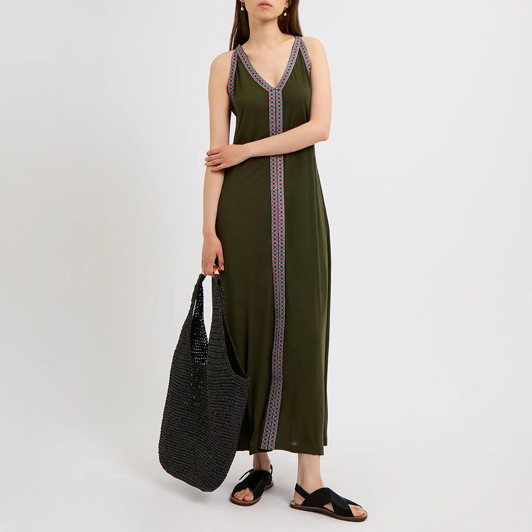 Olive Jersey Trim Maxi Dress - Green
