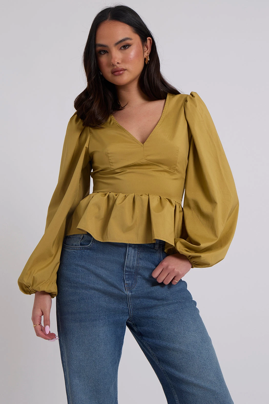 Olive Puff Sleeve Peplum Top /