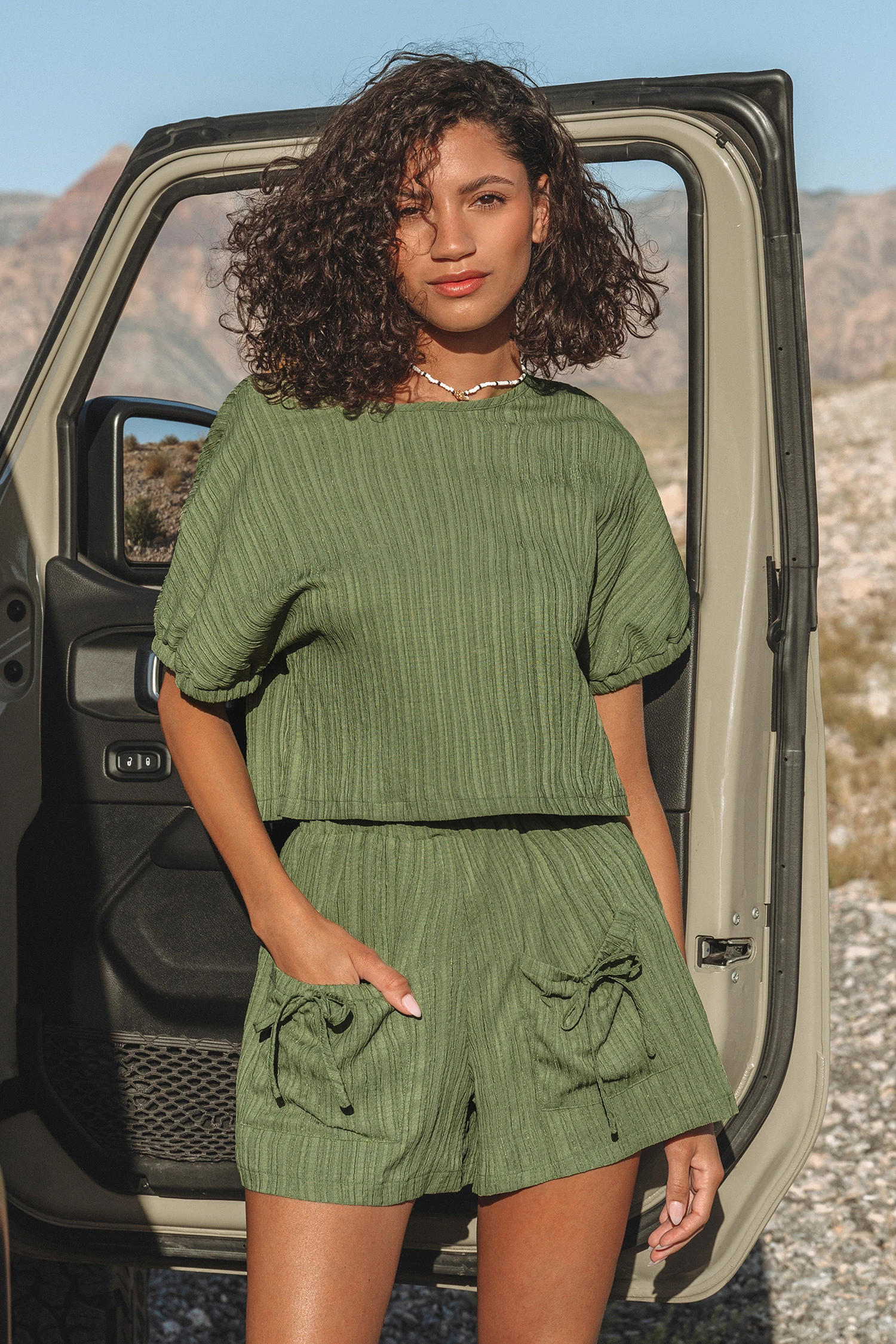 Olive Short Sleeve Top & Wide Leg Shorts Set - Green