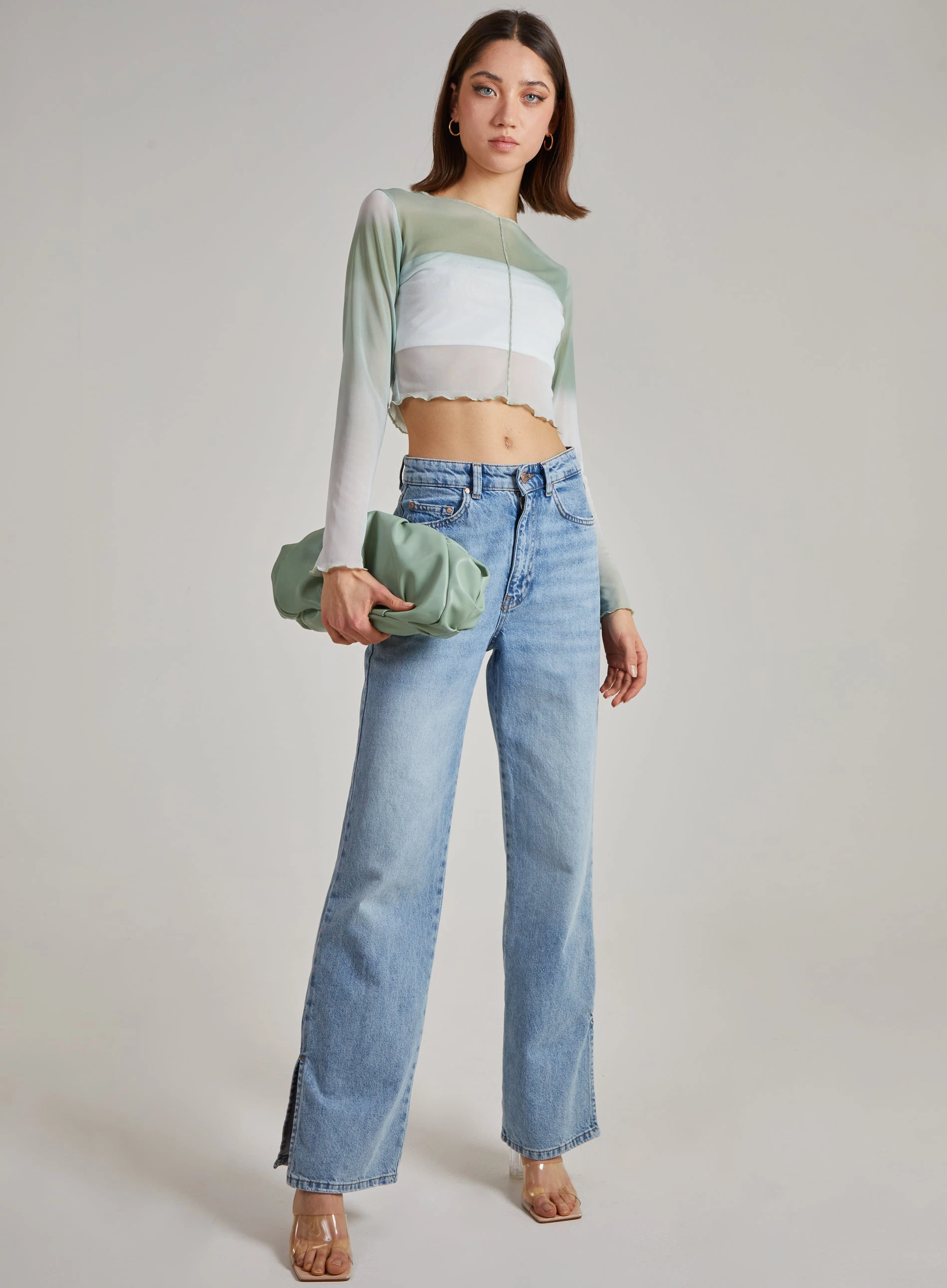 Ombre Exposed Long Sleeve Mesh Crop Top  - S  - Sage