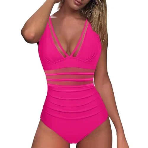 One Piece Swimsuits for Women UK Trendy Solid Color Mesh Hollow Out Monokini Sexy Halter Patchwork Bathing Suits Tummy Control Swimsuits High Waisted Bathing Suit
